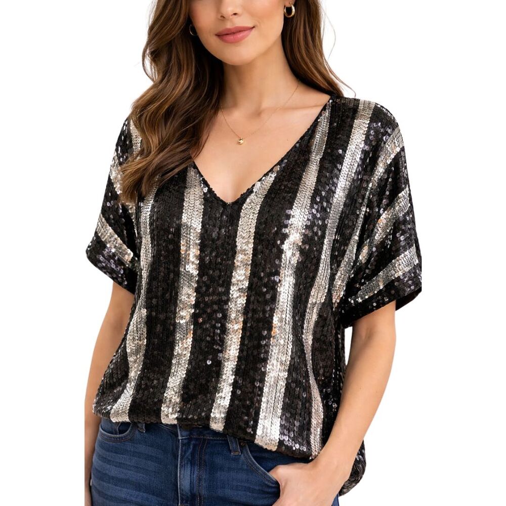Joseph Le Bon Silk Sequin Top VTG Black Silver Pullover New Years Eve Party S